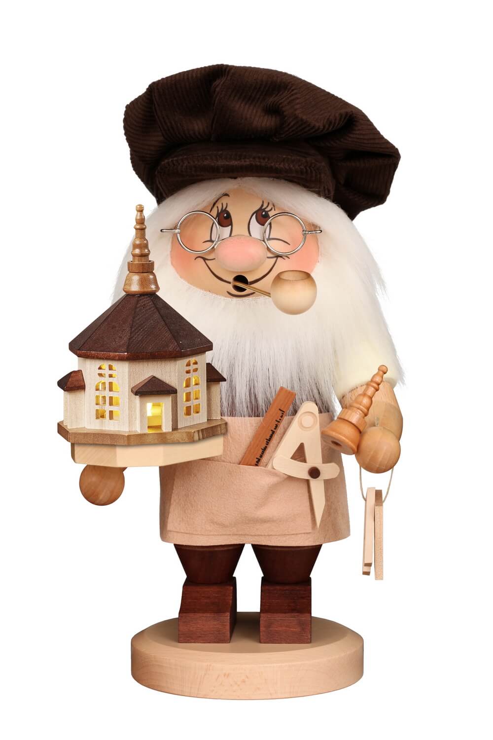 German Incense Smoker Gnome with Seiffen Church, 11.4 in (29 cm) by Christian Ulbricht, Made in Germany