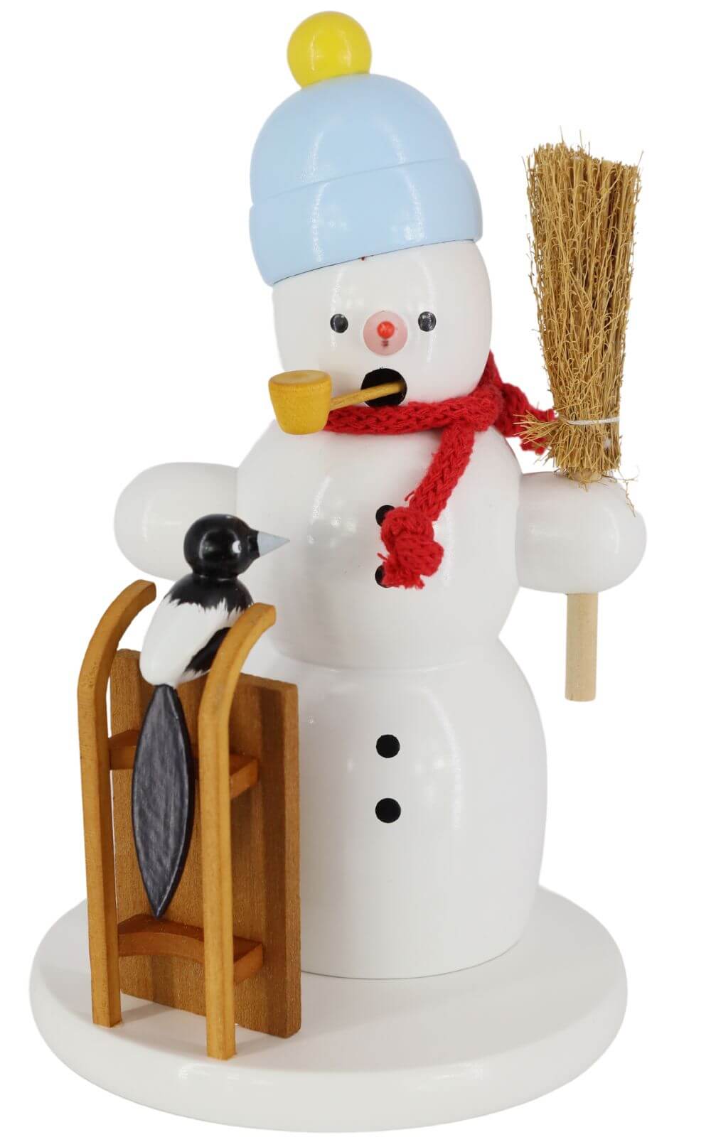 Smoking man snowman with sledge and magpie, 18 cm by Volker Zenker_1