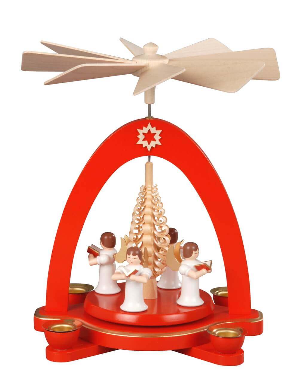 Christmas pyramid with 4 angels and chip tree, red, 20 cm by Albin Preißler